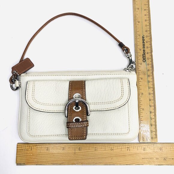 Vintage COACH Off White Brown Leather Wristlet Wallet Clutch Pouch Bag Eyelets - Picture 7 of 12